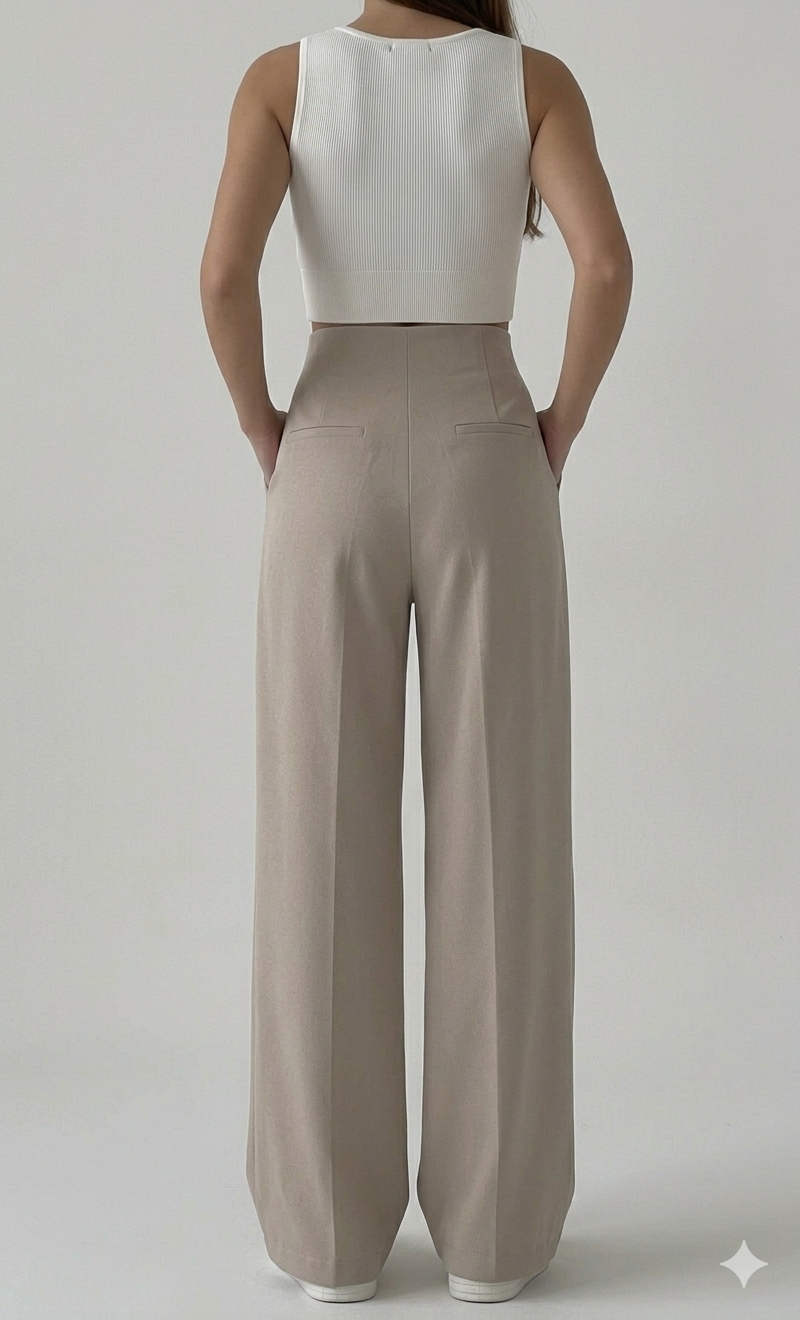 Belleci Taupe Tailored Wide-Leg Trousers – High-Waist Structured Fit