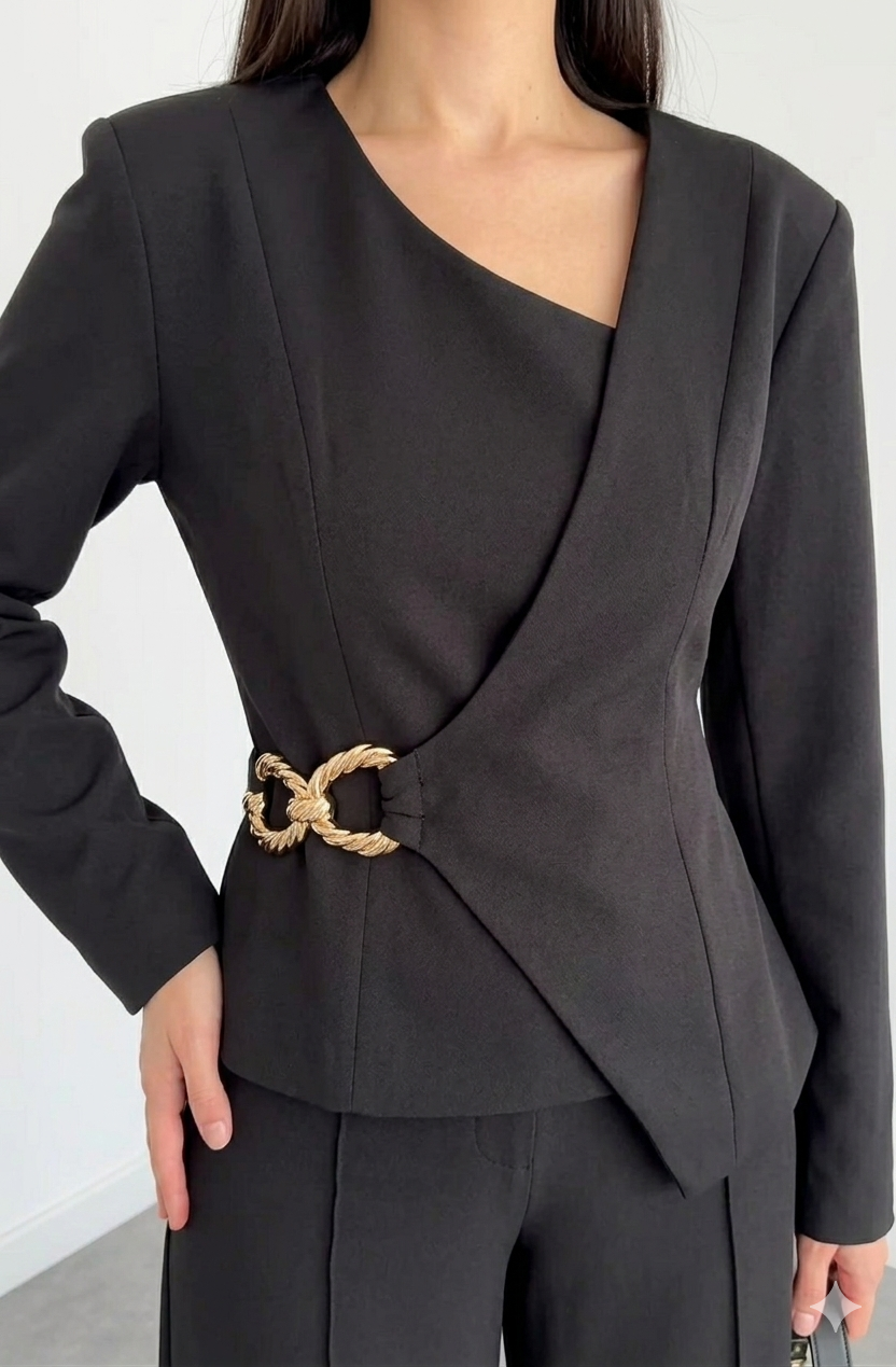 Belleci Noir Co-Ord Set – Asymmetric Blazer & Wide-Leg Trousers
