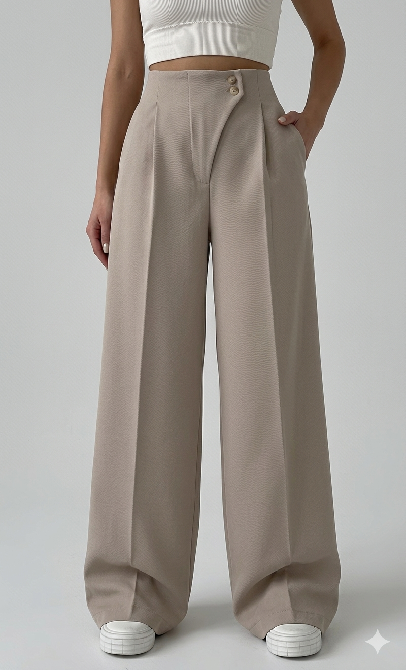 Belleci Taupe Tailored Wide-Leg Trousers – High-Waist Structured Fit