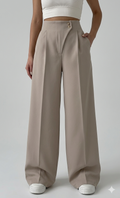 Belleci Taupe Tailored Wide-Leg Trousers – High-Waist Structured Fit