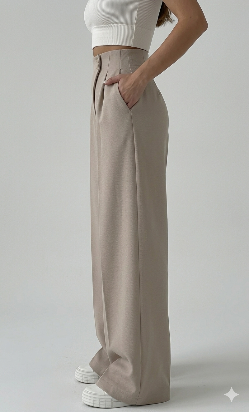 Belleci Taupe Tailored Wide-Leg Trousers – High-Waist Structured Fit