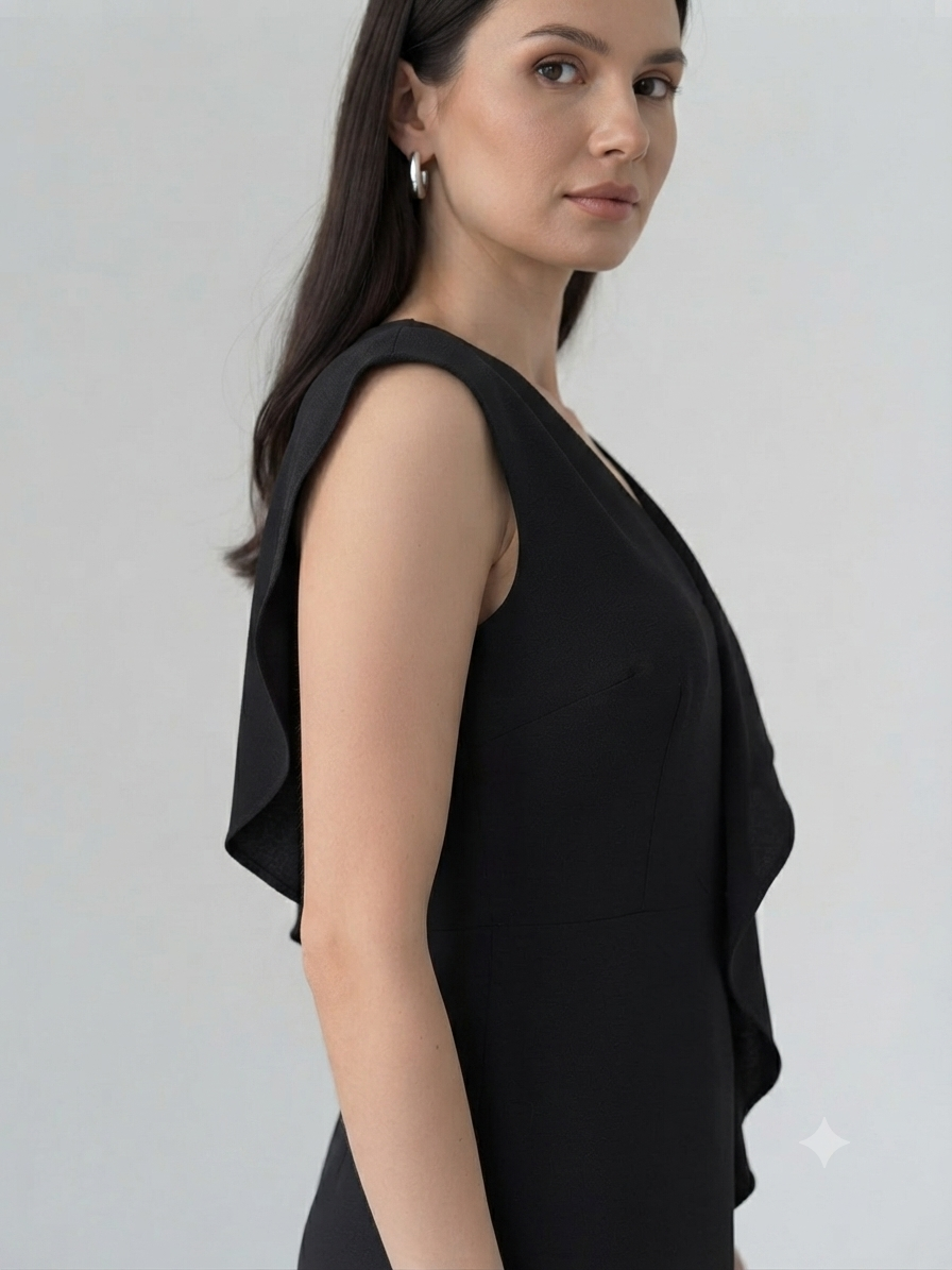 Elegant Black Ruffle Maxi Dress for Women | Sleeveless V-Neck Evening & Party Gown