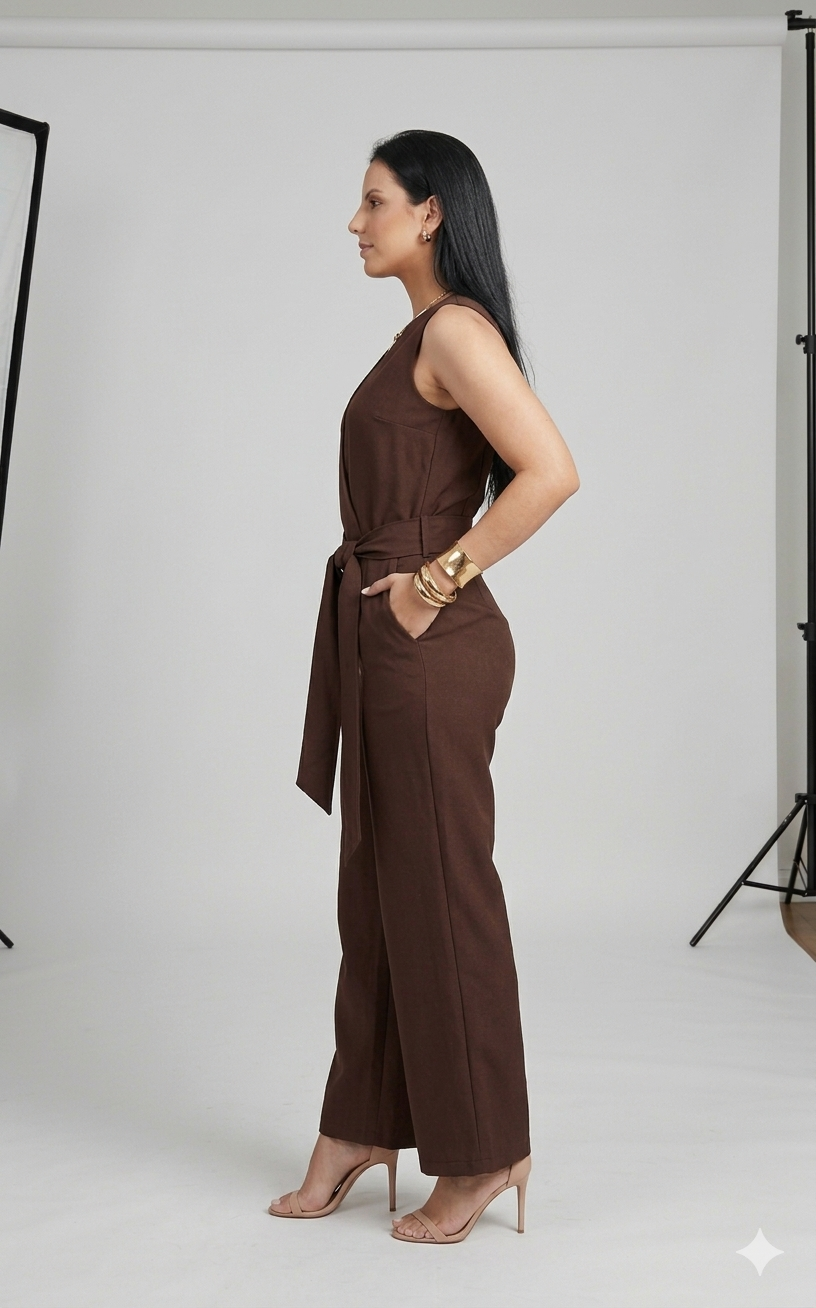 Belleci Cocoa Wrap Co-Ord Set – Sleeveless Top with Tie-Up Waist & Wide-Leg Trousers