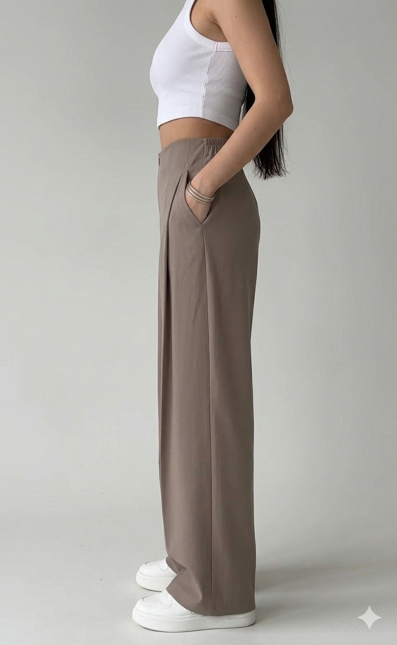 Belleci White & Taupe Co-Ord Set – Ribbed Crop Tank & Tailored Wide-Leg Trousers