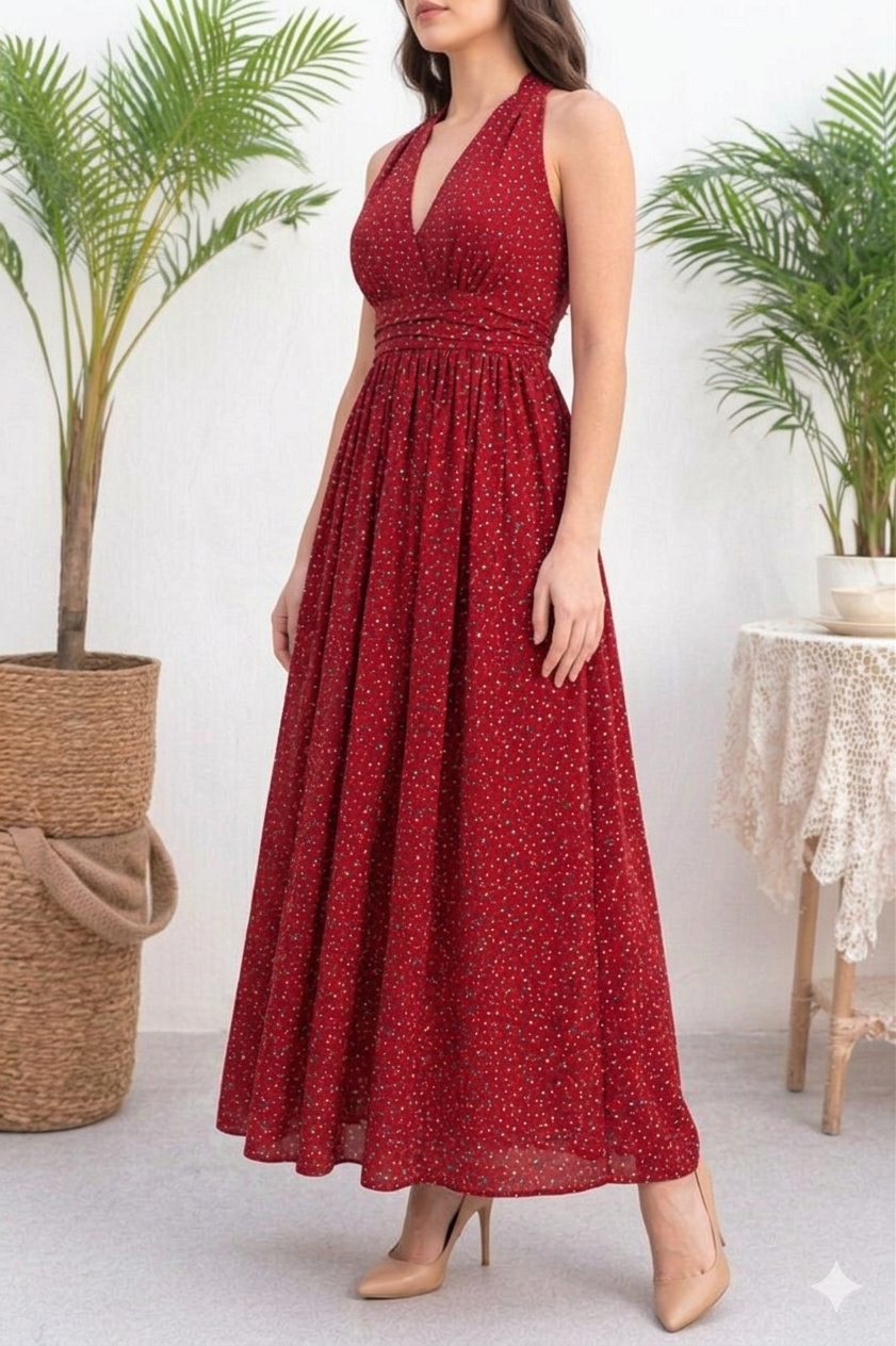 Belleci Scarlet Bloom Halter Midi Dress – Floral Flare Dress with Front Slit