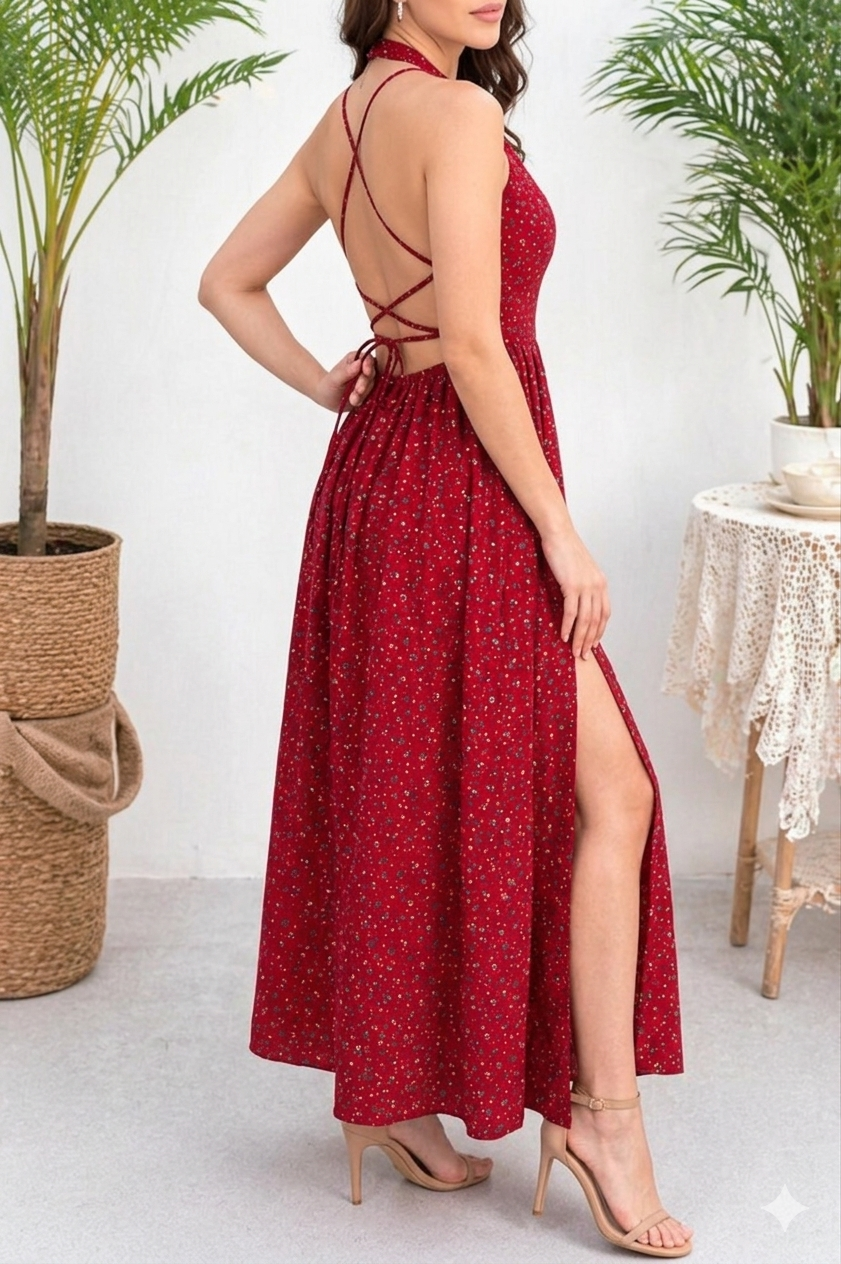 Belleci Scarlet Bloom Halter Midi Dress – Floral Flare Dress with Front Slit