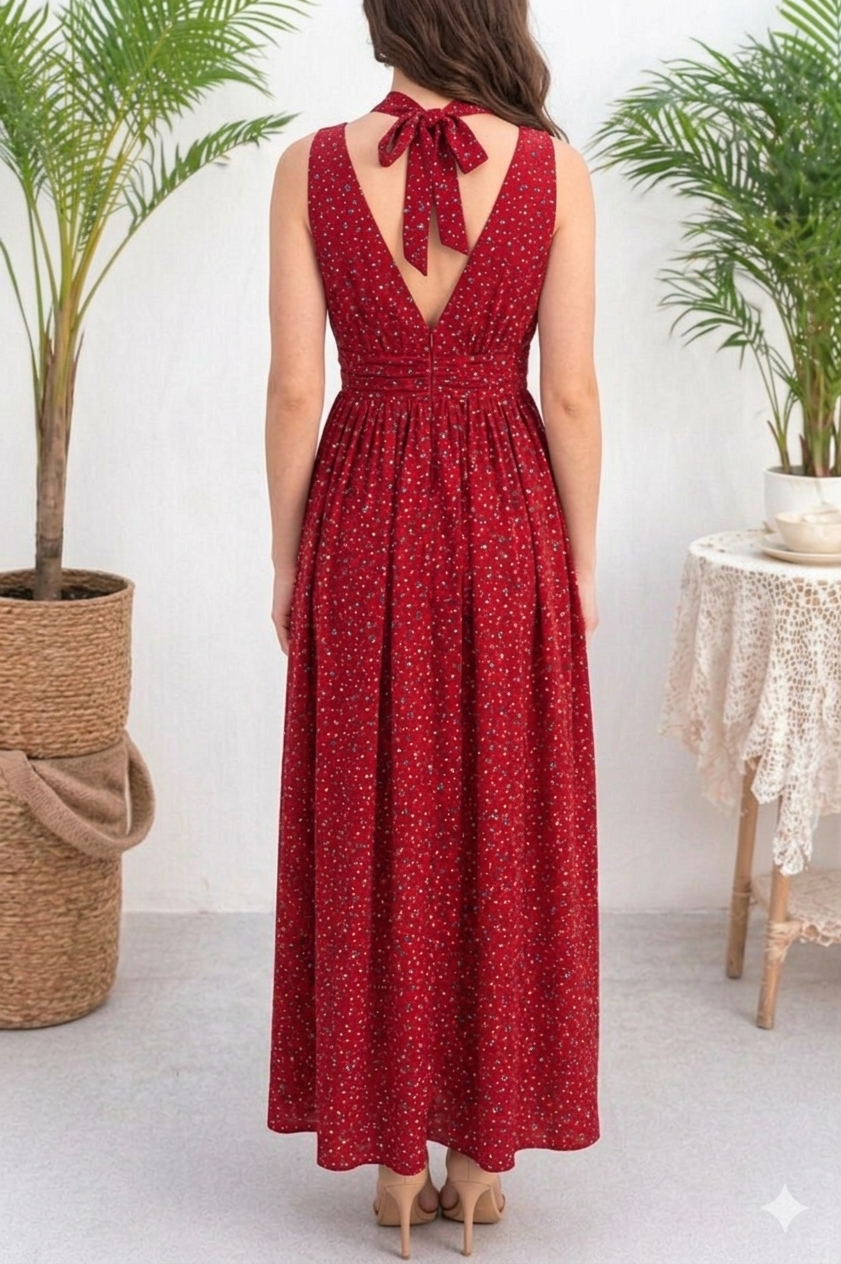 Belleci Scarlet Bloom Halter Midi Dress – Floral Flare Dress with Front Slit