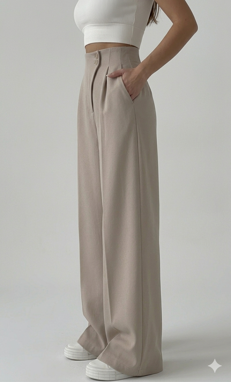 Belleci Taupe Tailored Wide-Leg Trousers – High-Waist Structured Fit