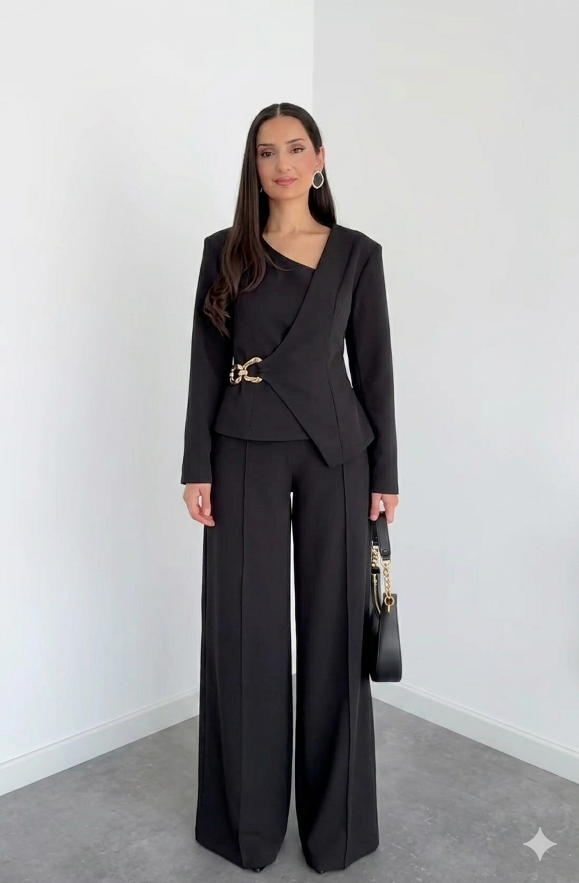 Belleci Noir Co-Ord Set – Asymmetric Blazer & Wide-Leg Trousers