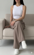 Belleci White & Taupe Co-Ord Set – Ribbed Crop Tank & Tailored Wide-Leg Trousers