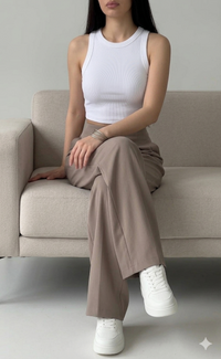 Belleci White & Taupe Co-Ord Set – Ribbed Crop Tank & Tailored Wide-Leg Trousers image 2