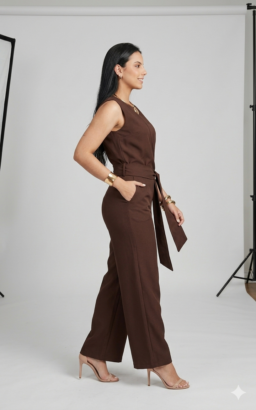 Belleci Cocoa Wrap Co-Ord Set – Sleeveless Top with Tie-Up Waist & Wide-Leg Trousers