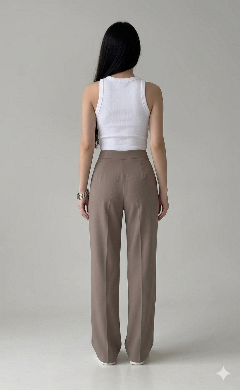 Belleci White & Taupe Co-Ord Set – Ribbed Crop Tank & Tailored Wide-Leg Trousers