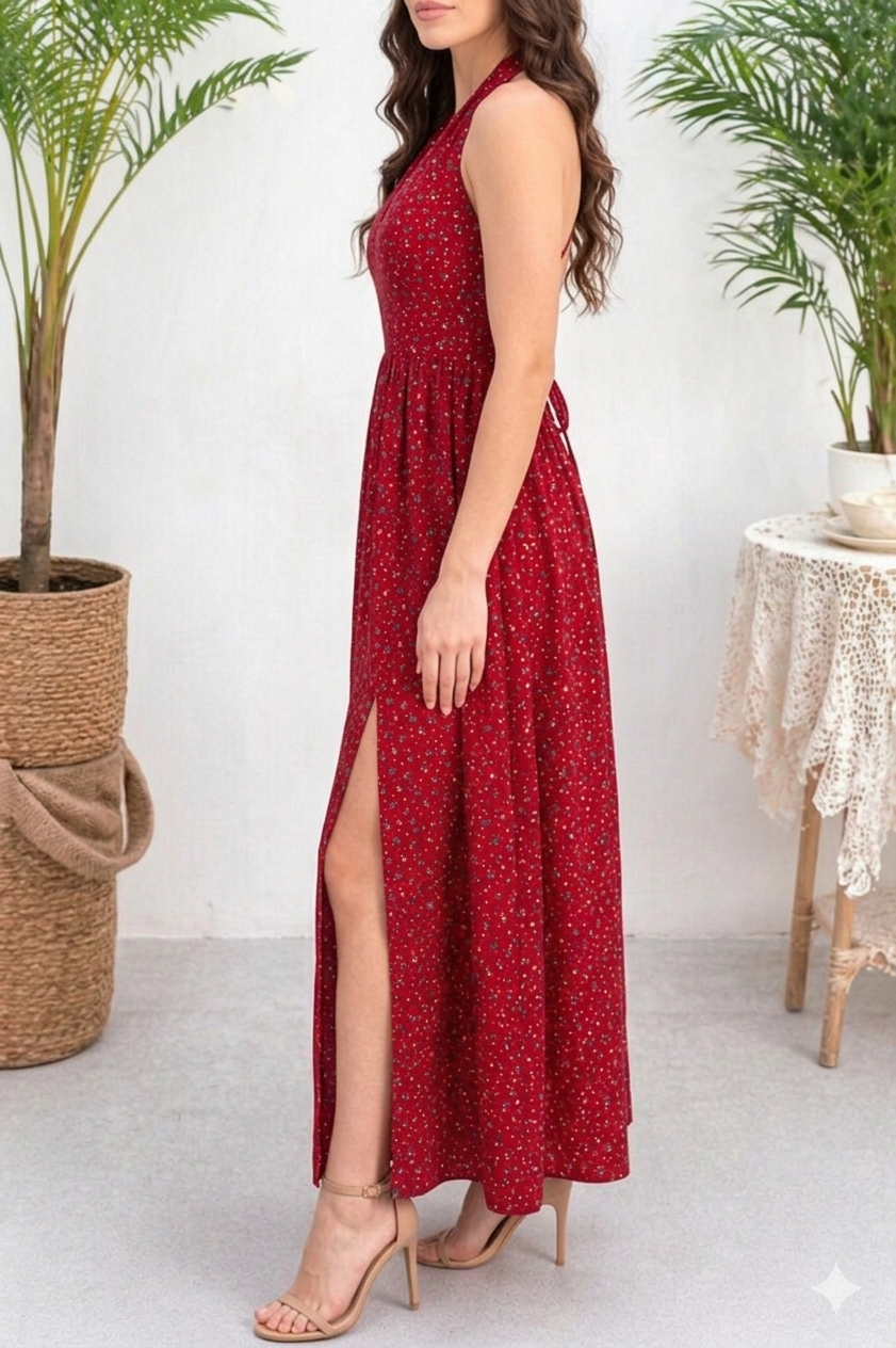 Belleci Scarlet Bloom Halter Midi Dress – Floral Flare Dress with Front Slit