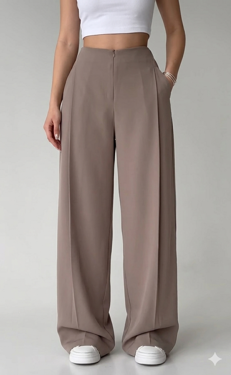 Belleci White & Taupe Co-Ord Set – Ribbed Crop Tank & Tailored Wide-Leg Trousers