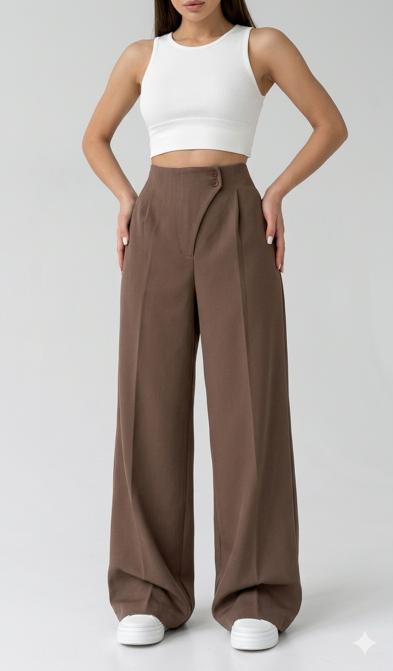 Belleci Cocoa Tailored Wide-Leg Trousers – High-Waist Structured Fit