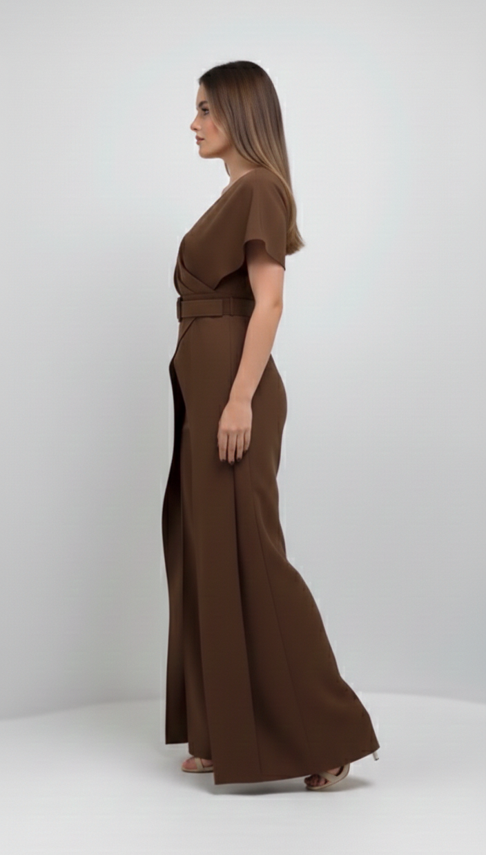 Mocha Wrap Cape Jumpsuit with Statement Belt