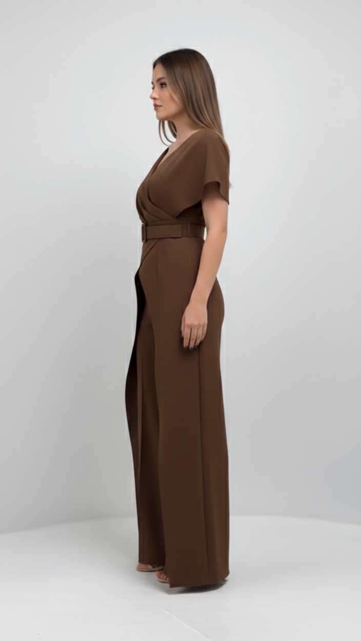 Mocha Wrap Cape Jumpsuit with Statement Belt