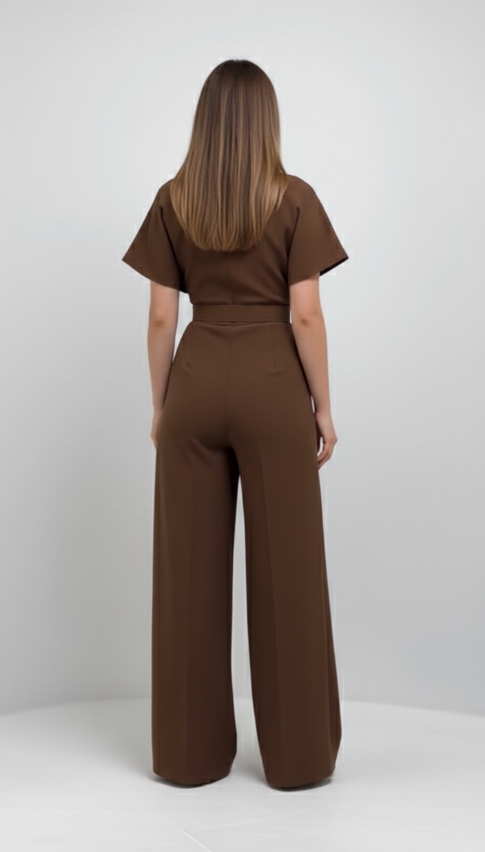 Mocha Wrap Cape Jumpsuit with Statement Belt