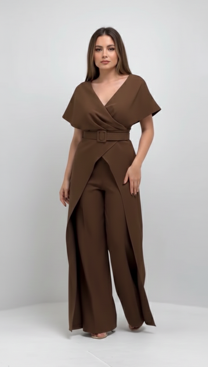 Mocha Wrap Cape Jumpsuit with Statement Belt