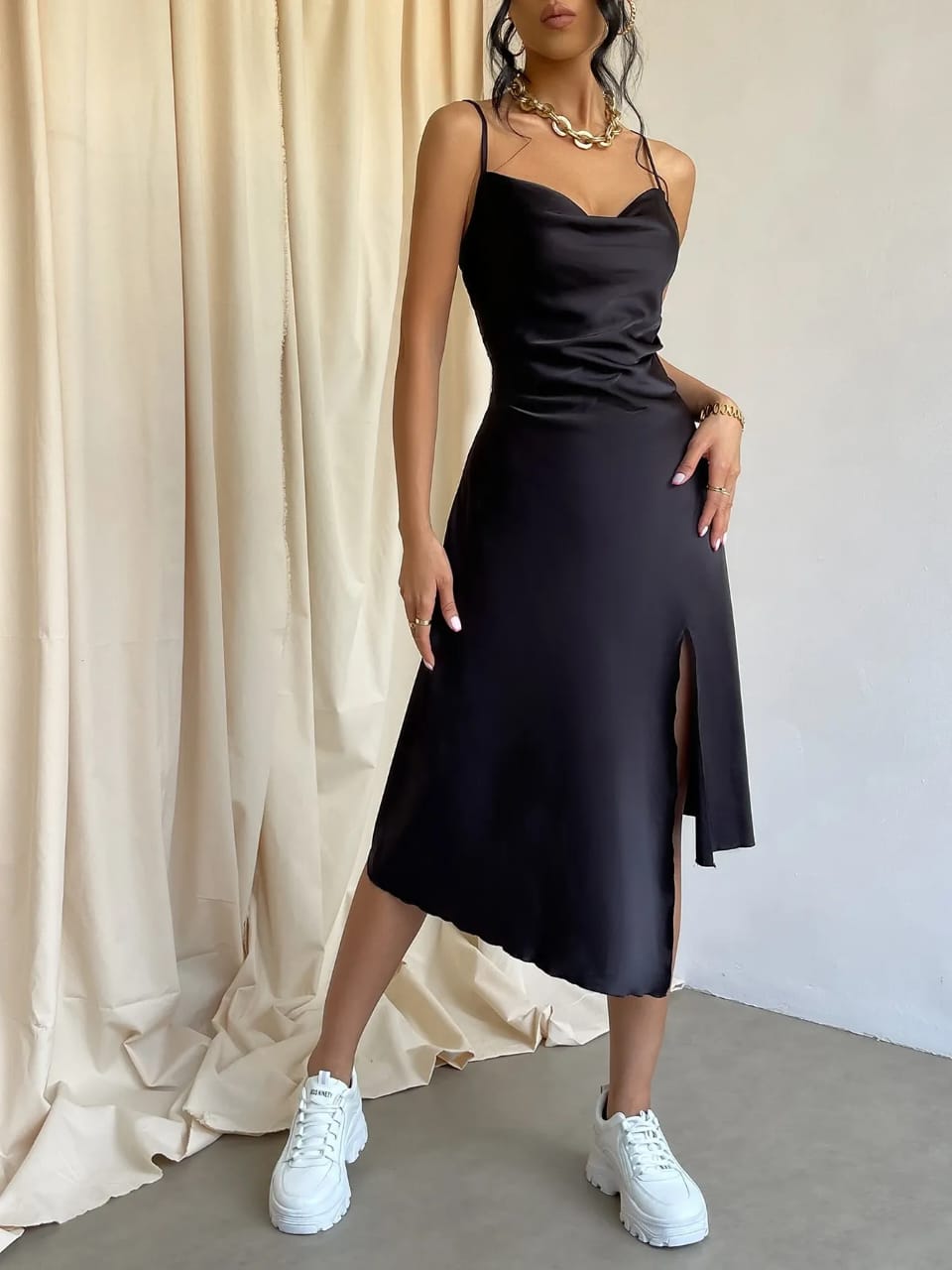 Noir Elegance Silk-Feel Satin Slip Dress by Belleci