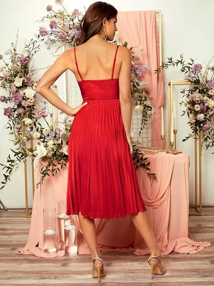 Red Pleated Midi Dress with Cowl Neck By Belleci