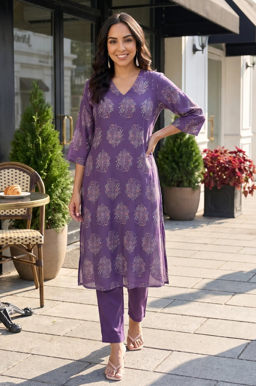 Belleci Purple Floral Motif Kurta Set