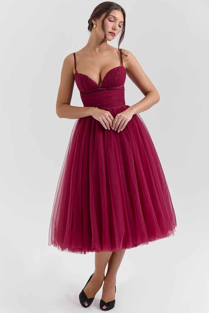 Wine Elegance Tulle Midi Dress by Belleci