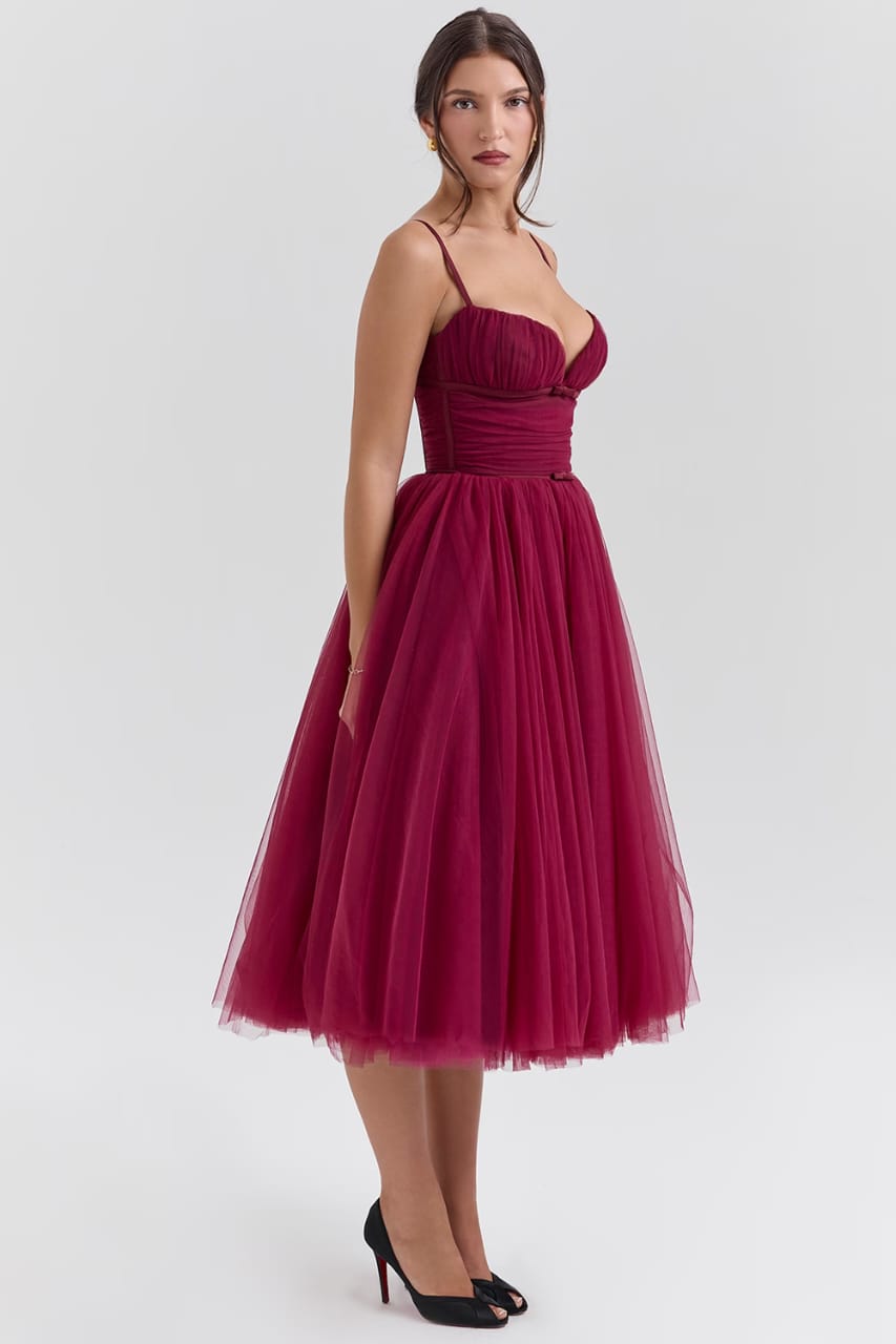 Wine Elegance Tulle Midi Dress by Belleci