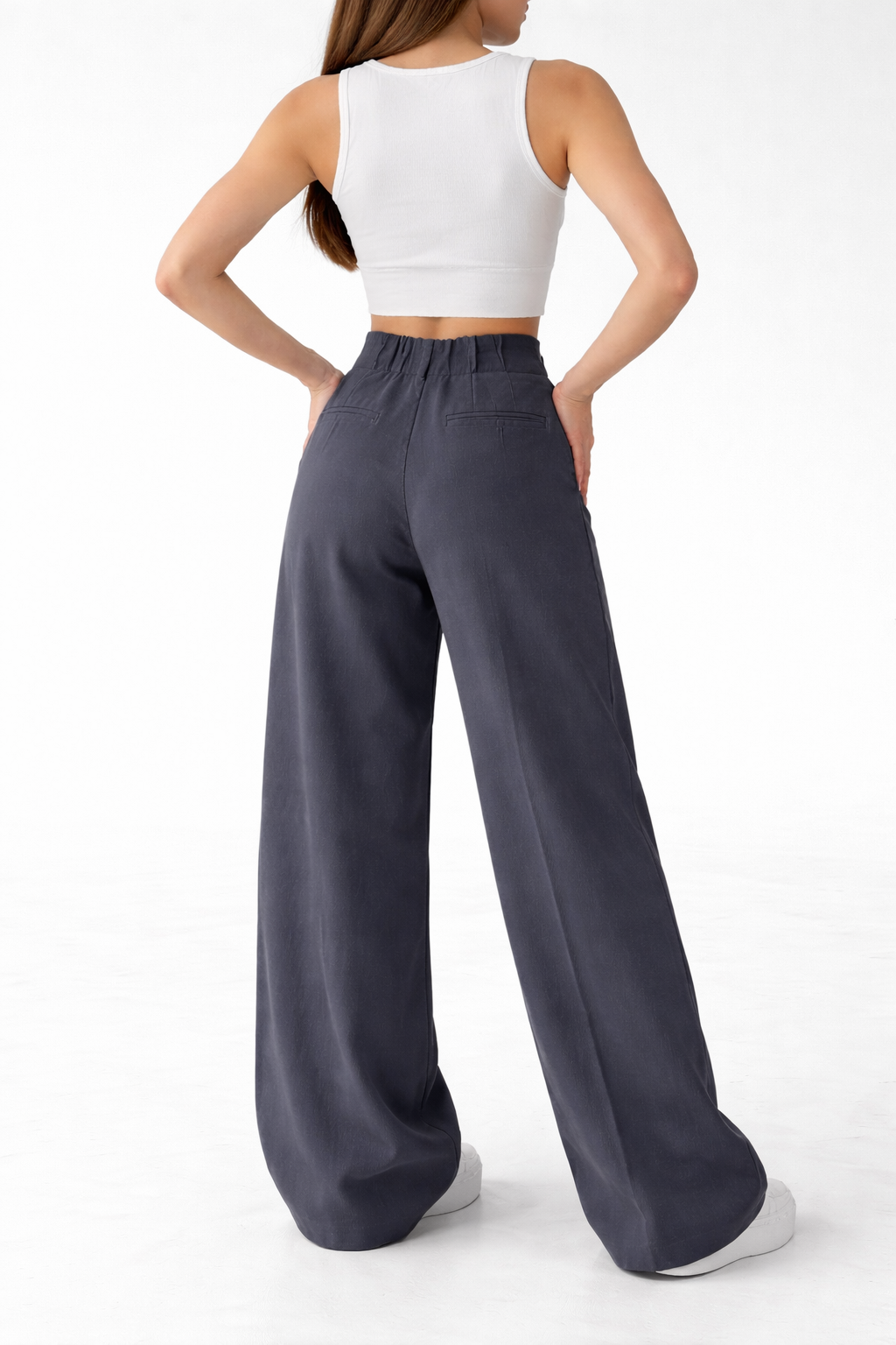 Belleci Charcoal Tailored Wide-Leg Trousers – High-Waist Structured Fit