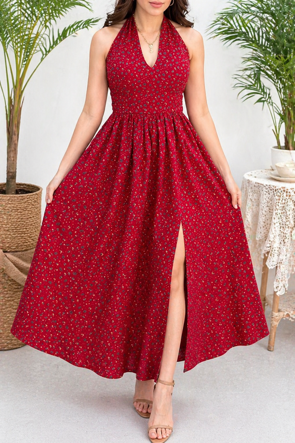 Belleci Scarlet Bloom Halter Midi Dress – Floral Flare Dress with Front Slit