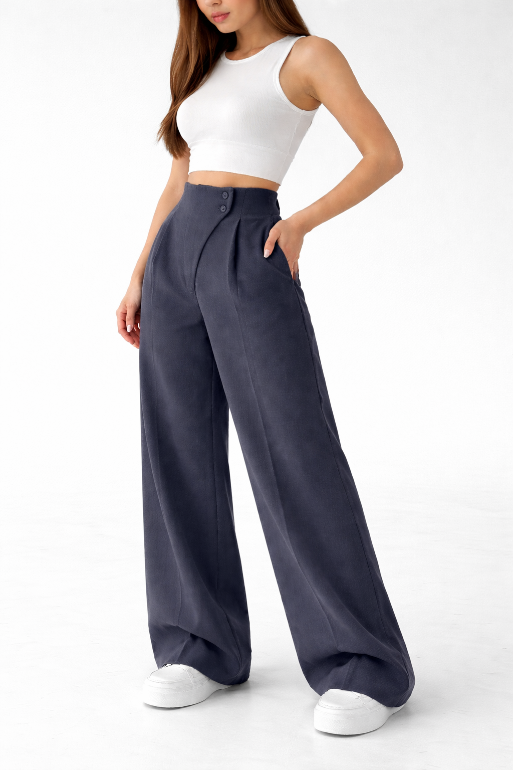Belleci Charcoal Tailored Wide-Leg Trousers – High-Waist Structured Fit