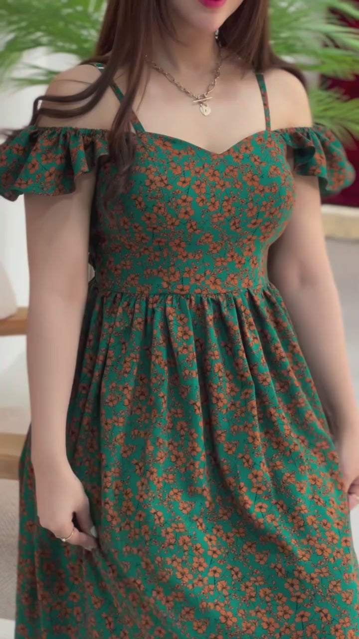 Belleci Emerald Bloom Midi Dress – Floral Off-Shoulder Ruffle Dress