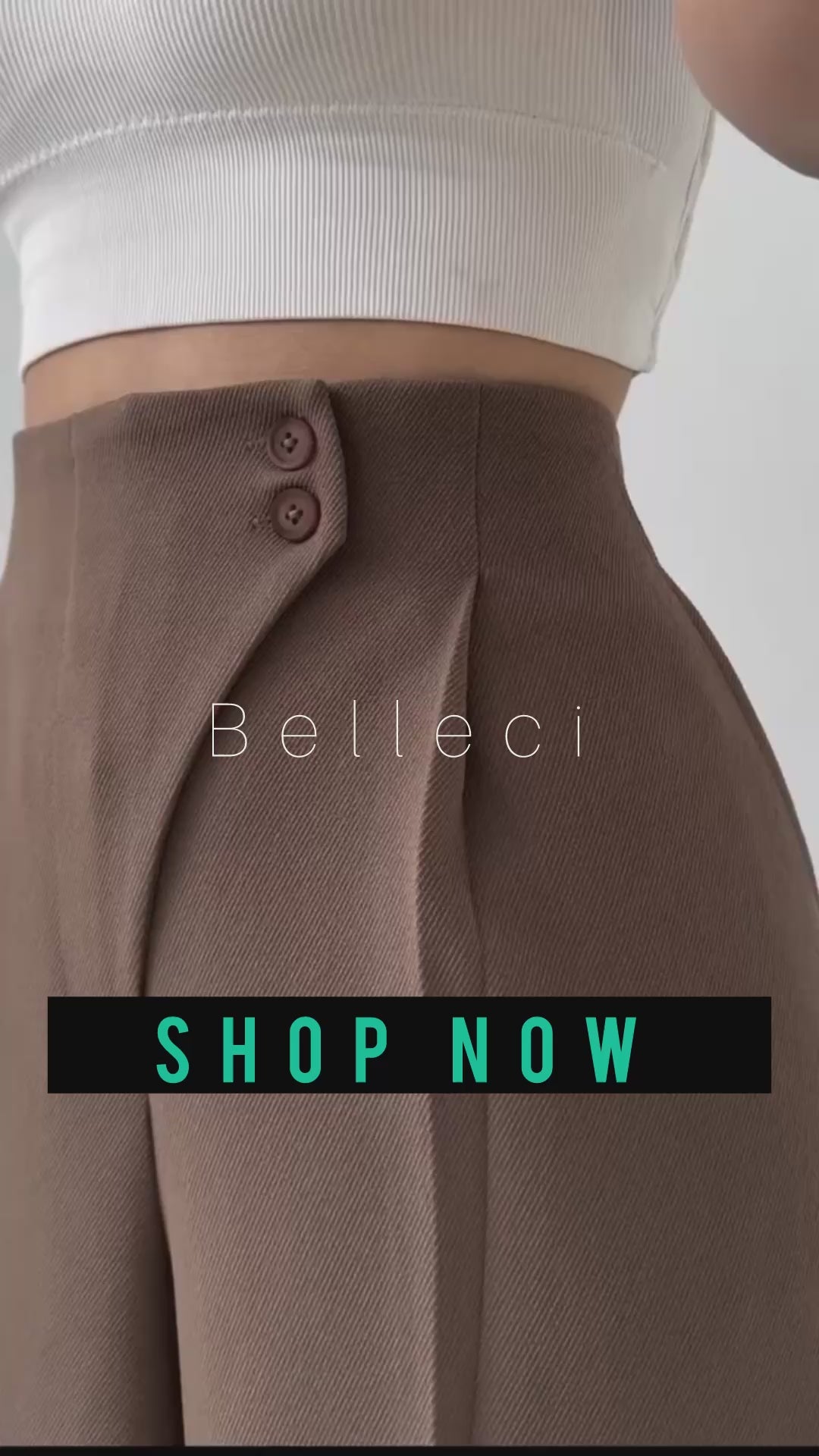 Belleci Taupe Tailored Wide-Leg Trousers – High-Waist Structured Fit