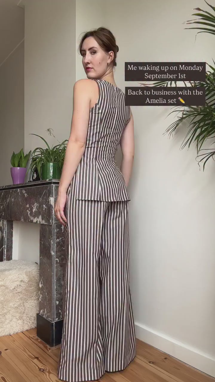 Belleci Mocha & Ivory Striped Co-Ord Set – Structured Peplum Top & Wide-Leg Trousers